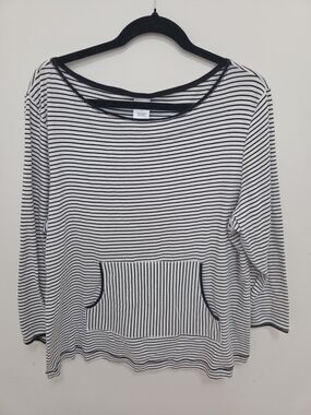 Classic Elements Black White Striped Top 1X Long Sleeve Pockets 100% Cotton